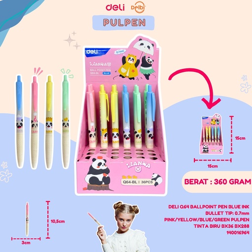 [140016964] DELI Q64 BALLPOINT PEN BLUE INK BULLET TIP: 0.7mm PINK/YELLOW/BLUE/GREEN PULPEN TINTA BIRU BX36 BX288