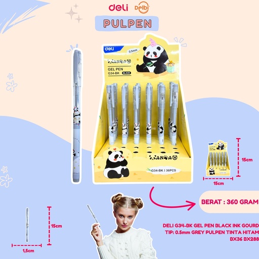 [140018135] DELI G34-BK GEL PEN BLACK INK GOURD TIP: 0.5mm GREY PULPEN TINTA HITAM BX36 BX288