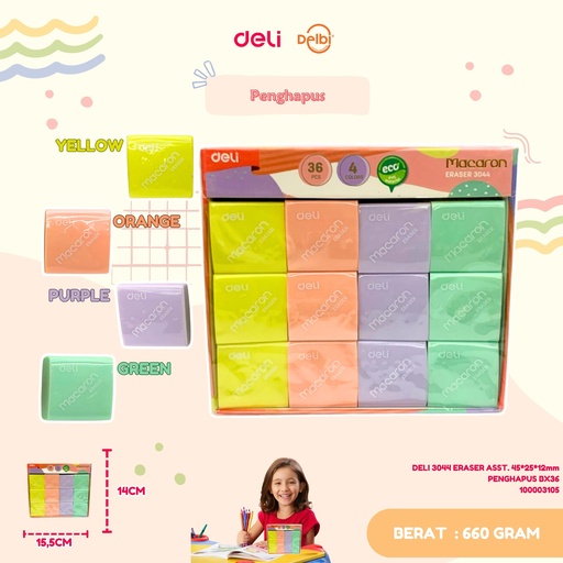 [100003105] DELI 3044 ERASER ASST. 45*25*12mm PENGHAPUS BX36