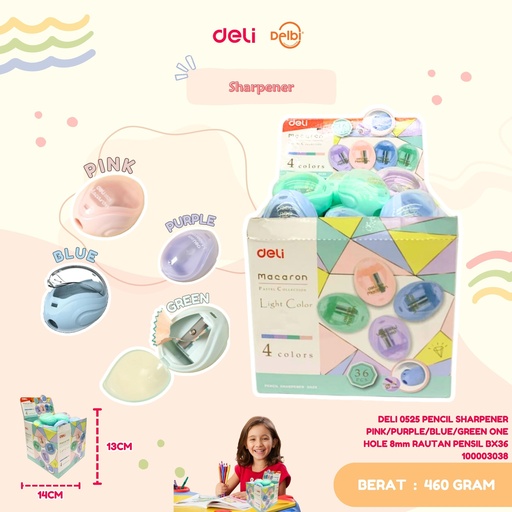 [100003038] DELI 0525 PENCIL SHARPENER PINK/PURPLE/BLUE/GREEN ONE HOLE 8mm RAUTAN PENSIL BX36