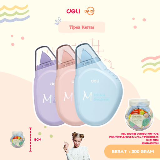 [6935205347381] DELI EH21606 CORRECTION TAPE PINK/PURPLE/BLUE 5mm*5m TIPEX KERTAS BX24 BX96