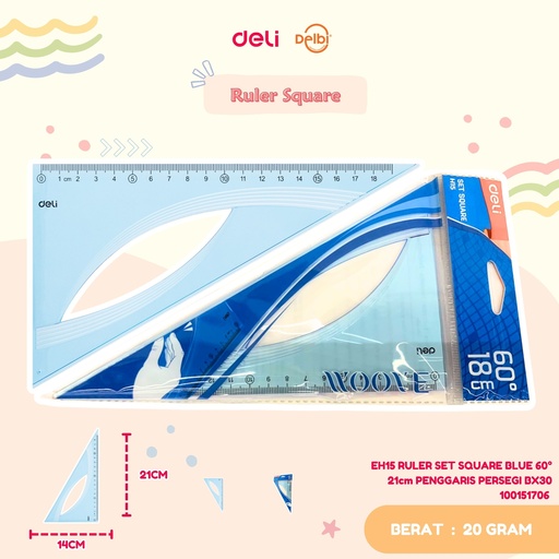 [100151706] DELI EH15 RULER SET SQUARE BLUE 60° 21cm PENGGARIS PERSEGI BX30 
