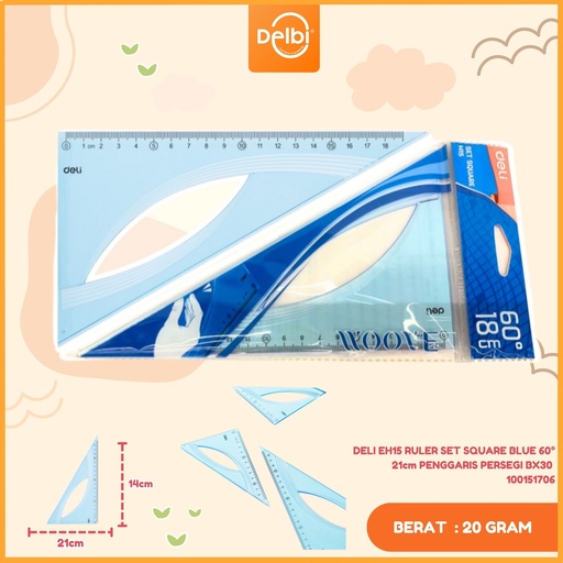 [100151706] DELI EH15 RULER SET SQUARE BLUE 60° 21cm PENGGARIS PERSEGI BX30 
