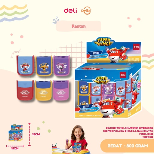 [140019012] DELI H567 PENCIL SHARPENER SUPERWINGS RED/PINK/YELLOW 2 HOLE 6.9-12mm RAUTAN PENSIL BX36