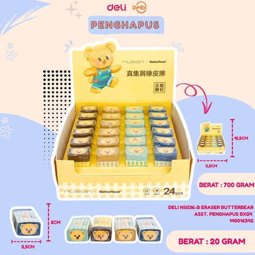 [140016342] DELI NS036-B ERASER BUTTERBEAR ASST. PENGHAPUS BX24 