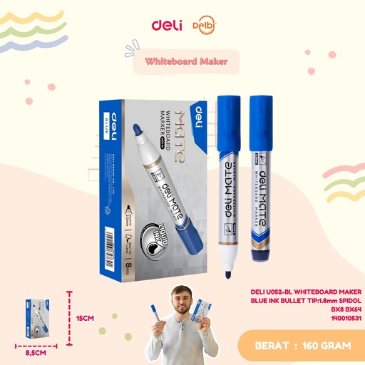 [140010531] DELI U052-BL WHITEBOARD MAKER BLUE INK BULLET TIP:1.8mm SPIDOL BX8 BX64