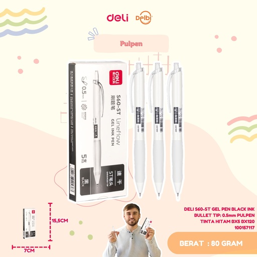 [100157117] DELI S60-ST GEL PEN BLACK INK BULLET TIP: 0.5mm PULPEN TINTA HITAM BX5 BX120