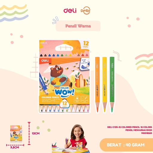 [140018260] DELI C139-12 COLORED PENCIL 12 COLORS PENSIL MEWARNAI BX24