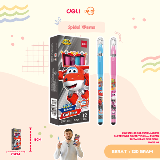 [140018104] DELI G105-BK GEL PEN BLACK INK SUPERWINGS GOURD TIP:0.5mm PULPEN TINTA HITAM BX12 BX144 