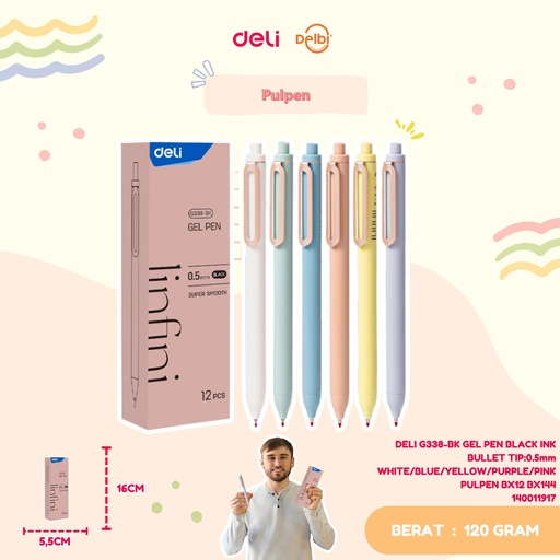 [140011917] DELI G338-BK GEL PEN BLACK INK BULLET TIP:0.5mm WHITE/BLUE/YELLOW/PURPLE/PINK PULPEN BX12 BX144