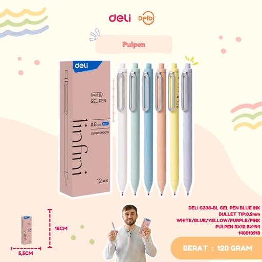 [140010918] DELI G338-BL GEL PEN BLUE INK BULLET TIP:0.5mm WHITE/BLUE/YELLOW/PURPLE/PINK PULPEN BX12 BX144