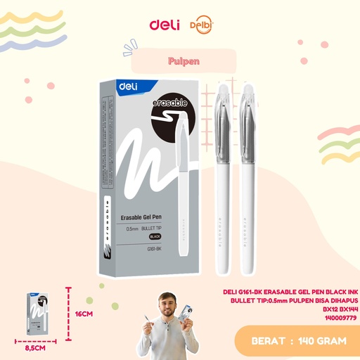 [140009779] DELI G161-BK ERASABLE GEL PEN BLACK INK BULLET TIP:0.5mm PULPEN BISA DIHAPUS BX12 BX144 