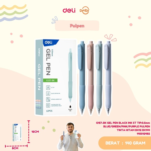 [140012482] DELI G157-BK GEL PEN BLACK INK ST TIP:0.5mm BLUE/GREEN/PINK/PURPLE PULPEN TINTA HITAM BX12 BX144