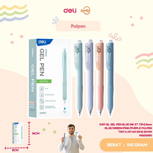 [140012481] DELI G157-BL GEL PEN BLUE INK ST TIP:0.5mm BLUE/GREEN/PINK/PURPLE PULPEN TINTA HITAM BX12 BX144