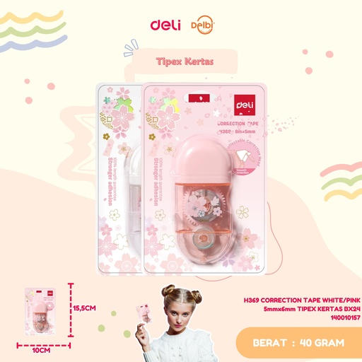 [140010157] H369 CORRECTION TAPE WHITE/PINK 5mmx6mm TIPEX KERTAS BX24
