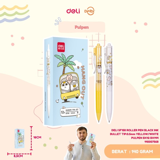 [140007568] DELI SF158 ROLLER PEN BLACK INK BULLET TIP:0.5mm YELLOW/WHITE PULPEN BX12 BX144