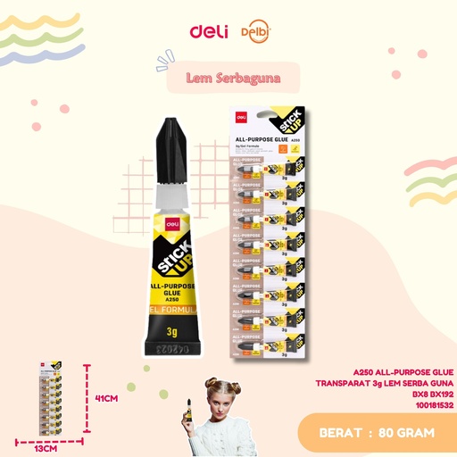 [100181532] DELI A250 ALL-PURPOSE GLUE TRANSPARAT 3g LEM SERBA GUNA BX8 BX192