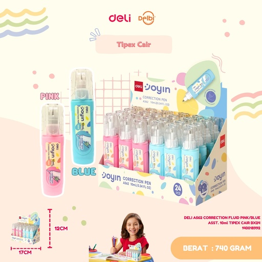 [140018992] DELI A562 CORRECTION FLUID PINK/BLUE ASST. 10ml TIPEX CAIR BX24