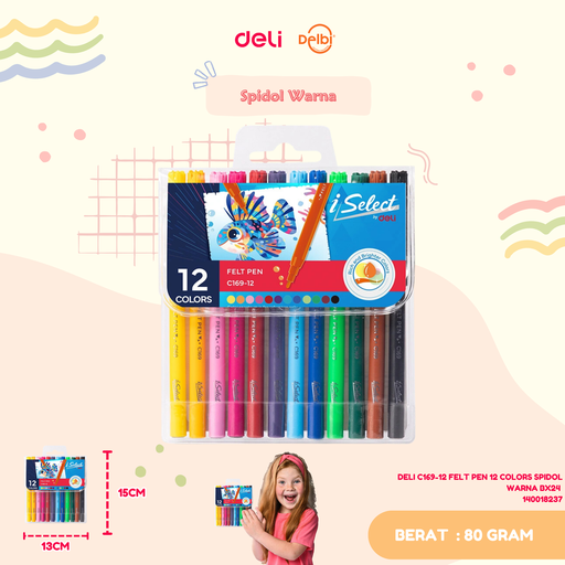 [140018237] DELI C169-12 FELT PEN 12 COLORS SPIDOL WARNA BX24 
