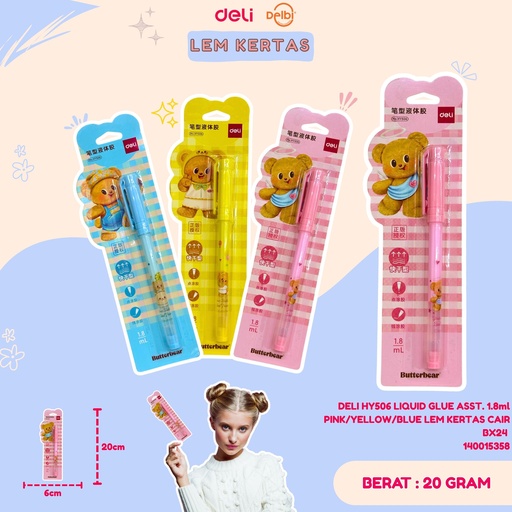 [140015358] DELI HY506 LIQUID GLUE ASST. 1.8ml PINK/YELLOW/BLUE LEM KERTAS CAIR BX24 