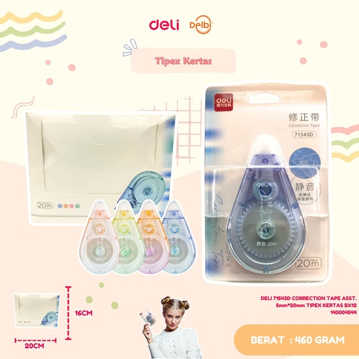 [140004544] DELI 71543D CORRECTION TAPE ASST. 5mm*20mm TIPEX KERTAS BX12