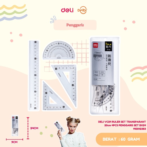[140012383] DELI VC24 RULER SET TRANSPARANT 20cm 4PCS PENGGARIS SET BX24