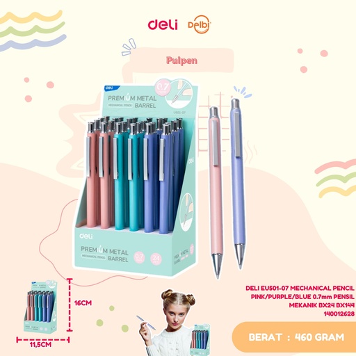 [140012628] DELI EU501-07 MECHANICAL PENCIL PINK/PURPLE/BLUE 0.7mm PENSIL MEKANIK BX24 BX144