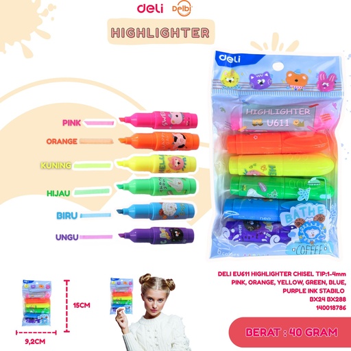 [140018786] DELI EU611 HIGHLIGHTER CHISEL TIP:1-4mm PINK, ORANGE, YELLOW, GREEN, BLUE, PURPLE INK STABILO BX24 BX288
