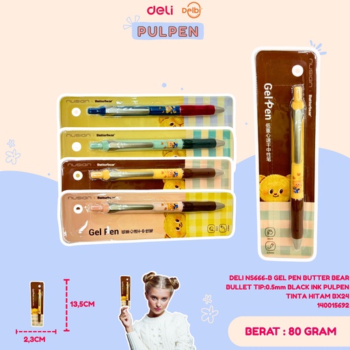 [140015692] DELI NS666-B GEL PEN BUTTER BEAR BULLET TIP:0.5mm BLACK INK PULPEN TINTA HITAM BX24
