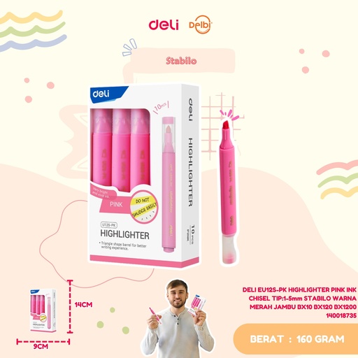 [140018735] DELI EU12S-PK HIGHLIGHTER PINK INK CHISEL TIP:1-5mm STABILO WARNA MERAH JAMBU BX10 BX120 BX1200