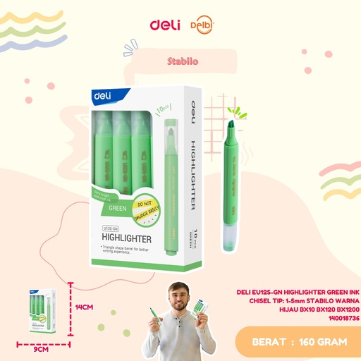 [140018736] DELI EU12S-GN HIGHLIGHTER GREEN INK CHISEL TIP: 1-5mm STABILO WARNA HIJAU BX10 BX120 BX1200