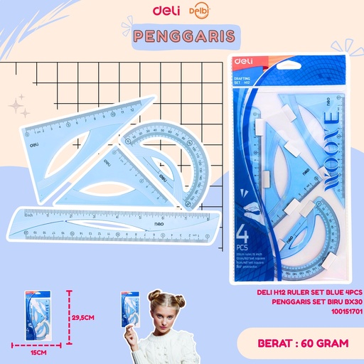 [100151701] DELI H12 RULER SET BLUE 4PCS PENGGARIS SET BIRU BX30