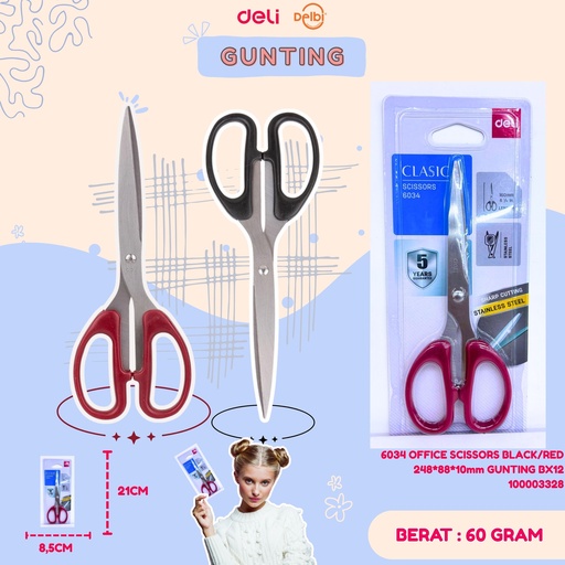 [100003328] 6034 OFFICE SCISSORS BLACK/RED 248*88*10mm GUNTING BX12