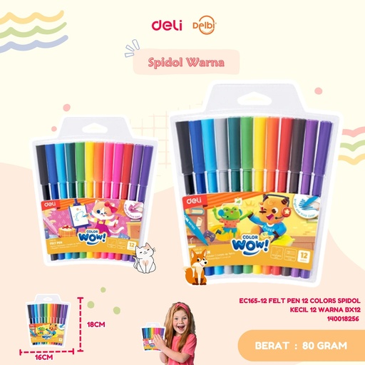 [140018256] DELI EC165-12 FELT PEN 12 COLORS SPIDOL KECIL 12 WARNA BX12 