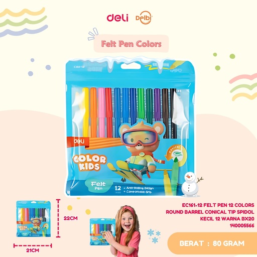 [140005566] DELI EC161-12 FELT PEN 12 COLORS ROUND BARREL CONICAL TIP SPIDOL KECIL 12 WARNA BX20