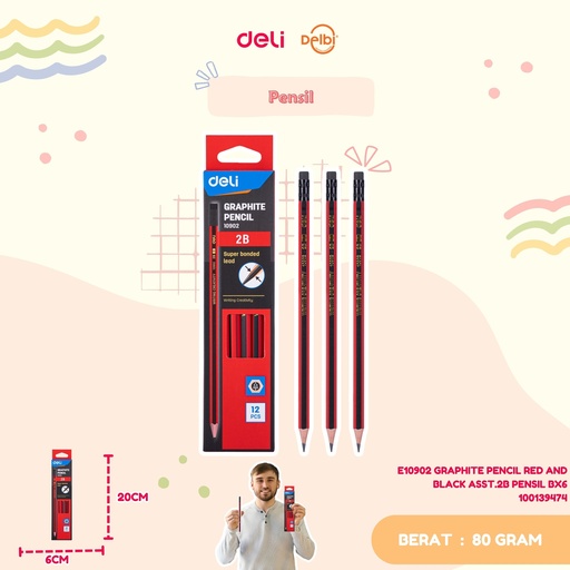 [100139474] DELI E10902 GRAPHITE PENCIL RED AND BLACK ASST.2B PENSIL BX6