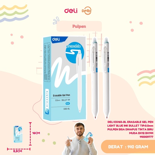 [140009777] DELI EG160-BL ERASABLE GEL PEN LIGHT BLUE INK BULLET TIP:0.5mm PULPEN BISA DIHAPUS TINTA BIRU MUDA BX12 BX144