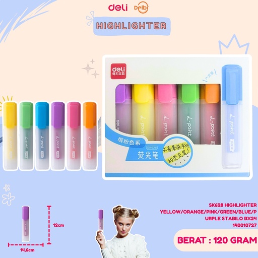 [140010727] SK628 HIGHLIGHTER YELLOW/ORANGE/PINK/GREEN/BLUE/PURPLE STABILO BX24