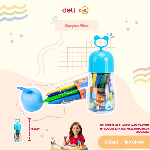 [140003620] DELI EC222-12 PLASTIC WAX CRAYON 24 COLORS KRAYON MEWARNAI BX24