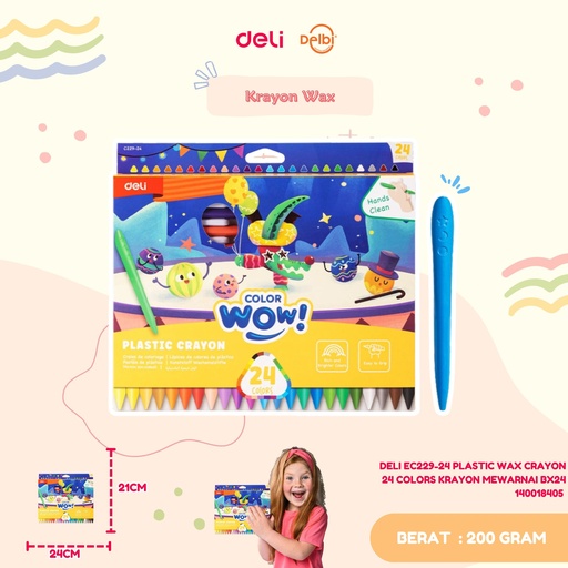 [140018405] DELI EC229-24 PLASTIC WAX CRAYON 24 COLORS KRAYON MEWARNAI BX20 BX80