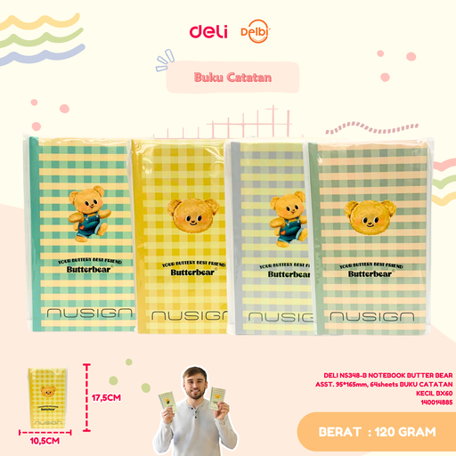 [140014885] DELI NS348-B NOTEBOOK BUTTER BEAR ASST. 95*165mm, 64sheets BUKU CATATAN KECIL BX60