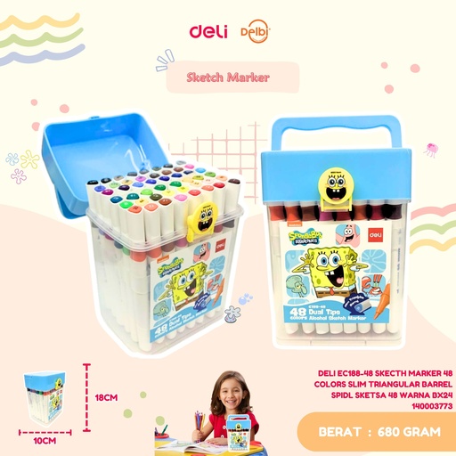 [140003773] DELI EC188-48 SKECTH MARKER 48 COLORS SLIM TRIANGULAR BARREL SPIDL SKETSA 48 WARNA BX24