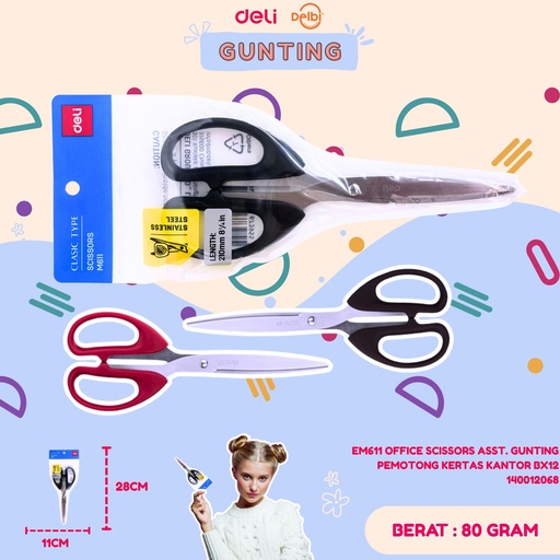 [140012068] EM611 OFFICE SCISSORS ASST. GUNTING PEMOTONG KERTAS KANTOR BX12