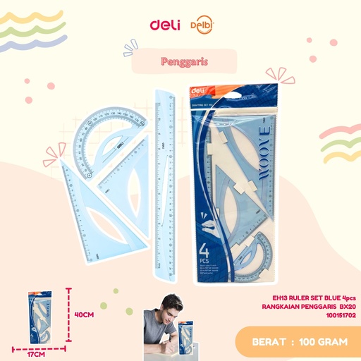 [100151702] DELI EH13 RULER SET BLUE 4pcs RANGKAIAN PENGGARIS  BX20