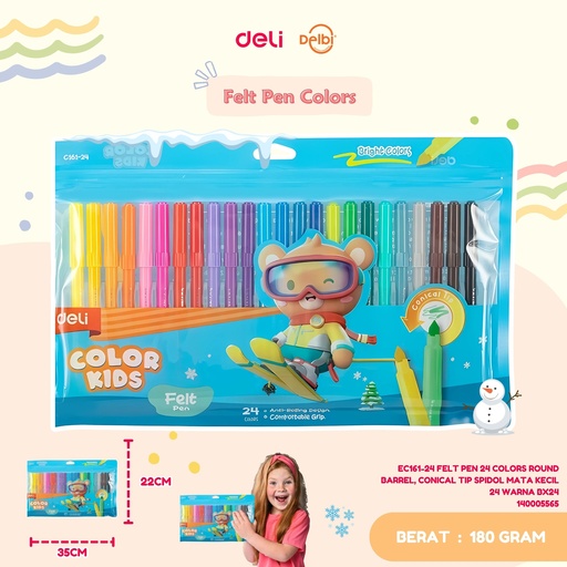 [140005565] DELI EC161-24 FELT PEN 24 COLORS ROUND BARREL, CONICAL TIP SPIDOL MATA KECIL 24 WARNA BX24