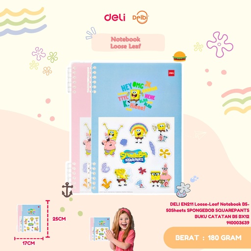 [140003639] DELI EN211 Loose-Leaf Notebook B5-50Sheets SPONGEBOB SQUAREPANTS BUKU CATATAN B5 BX12 