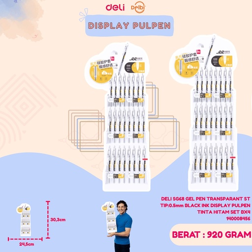 [140008456] DELI SG68 GEL PEN TRANSPARANT ST TIP:0.5mm BLACK INK DISPLAY PULPEN TINTA HITAM SET BX4