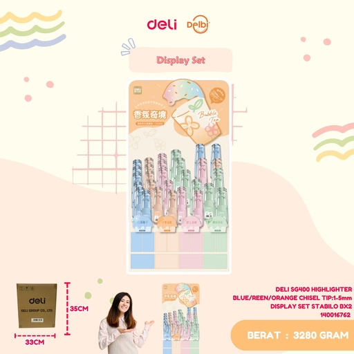 [140016762] DELI SG400 HIGHLIGHTER BLUE/REEN/ORANGE CHISEL TIP:1-5mm DISPLAY SET STABILO BX2 