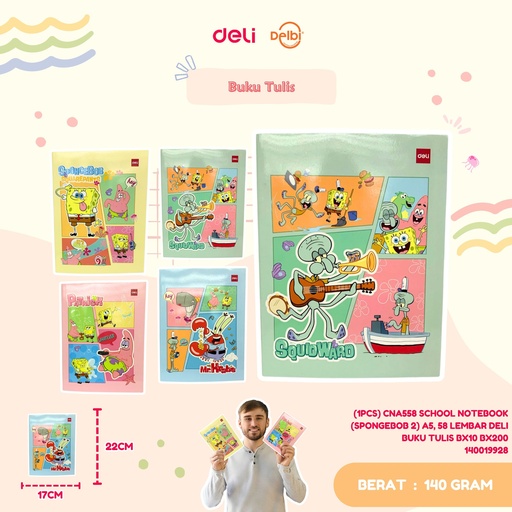 [140019928] (1PCS) CNA558 SCHOOL NOTEBOOK (SPONGEBOB 2) A5, 58 LEMBAR DELI BUKU TULIS BX10 BX200