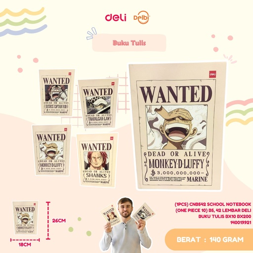 [140019921] (1PCS) CNB542 SCHOOL NOTEBOOK (ONE PIECE 10) B5, 42 LEMBAR DELI BUKU TULIS BX10 BX200
